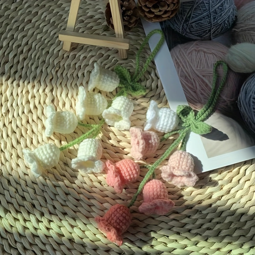 Hand-Knit Bellflower Car Rearview Mirror Hanging Ornament �Cute Crochet DIY Decor, Colorful Floral Design with Green Leaves and Yellow Centers, Ideal for Vehicle Interior & Home Decoration, Charming Gift Idea