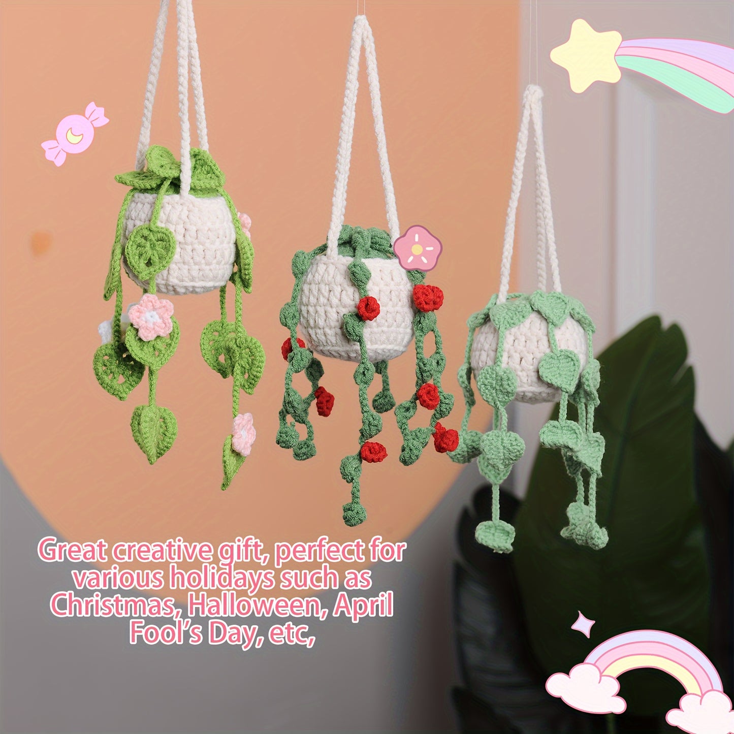 3pcs Set Handmade Woven Plant Hanging Decorations Plant Hanging Decorations Car Hanging Or Rearview Mirror Decoration Exquisite Creative Decoration