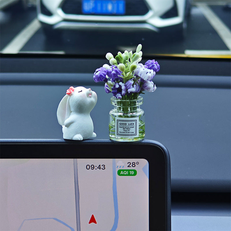 Cute Resin Rabbit Vase - Adorable White Rabbit with Pink Flowers, Durable Vehicle Interior Decor for Dashboard & Console, Desk Ornament, Rabbit Accessories