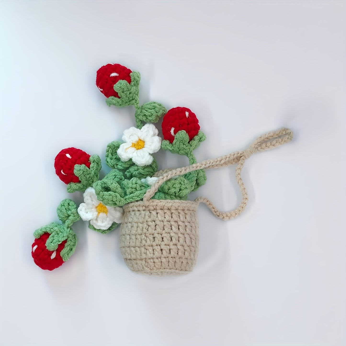 Handmade Strawberry Car Mirror Hanging Decoration - with Red Berries, Green Leaves - No-Drill Installation, Adjustable Rope -