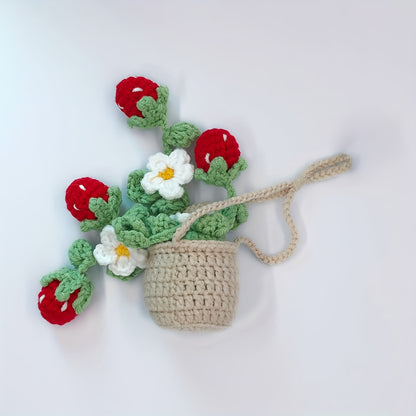 Handmade Strawberry Car Mirror Hanging Decoration - with Red Berries, Green Leaves - No-Drill Installation, Adjustable Rope -