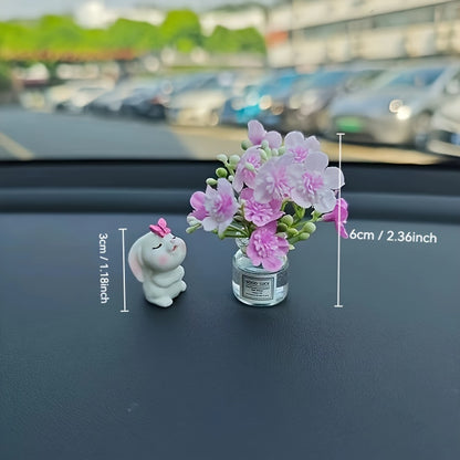 Cute Resin Rabbit Vase - Adorable White Rabbit with Pink Flowers, Durable Vehicle Interior Decor for Dashboard & Console, Desk Ornament, Rabbit Accessories