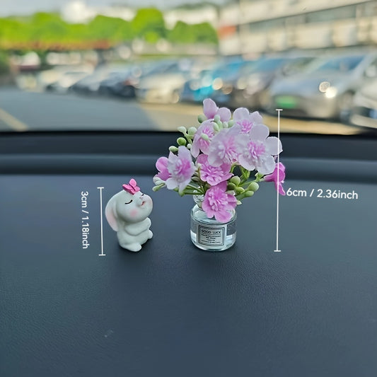 Cute Resin Rabbit Vase - Adorable White Rabbit with Pink Flowers, Durable Vehicle Interior Decor for Dashboard & Console, Desk Ornament, Rabbit Accessories