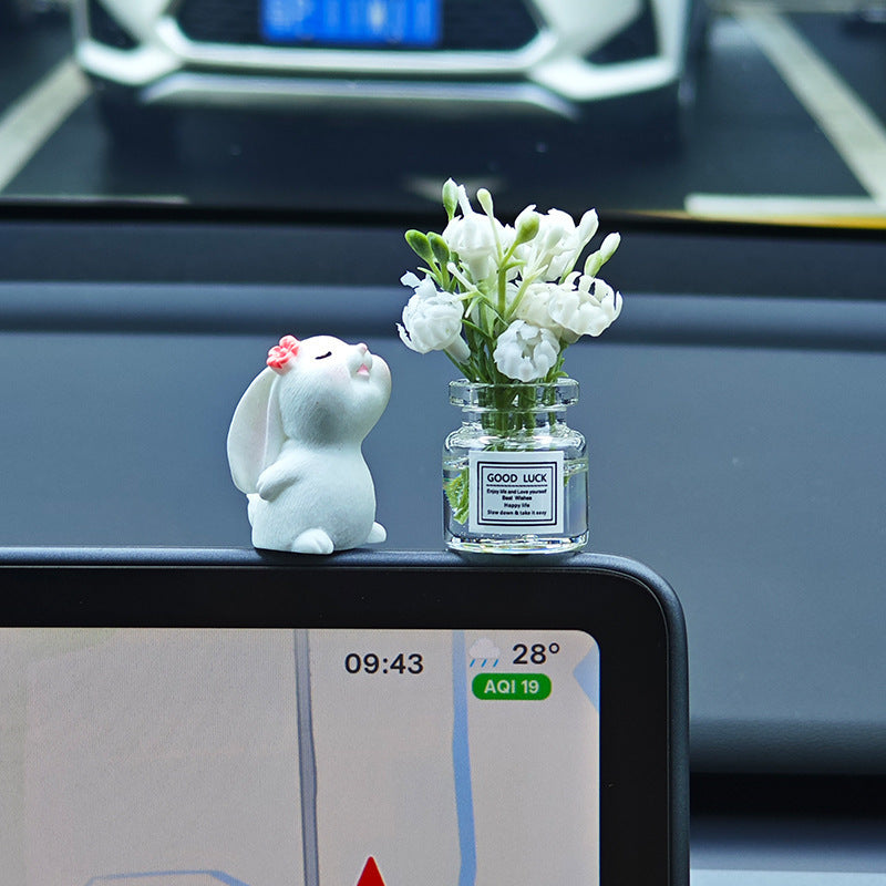 Cute Resin Rabbit Vase - Adorable White Rabbit with Pink Flowers, Durable Vehicle Interior Decor for Dashboard & Console, Desk Ornament, Rabbit Accessories