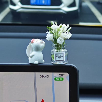 Cute Resin Rabbit Vase - Adorable White Rabbit with Pink Flowers, Durable Vehicle Interior Decor for Dashboard & Console, Desk Ornament, Rabbit Accessories