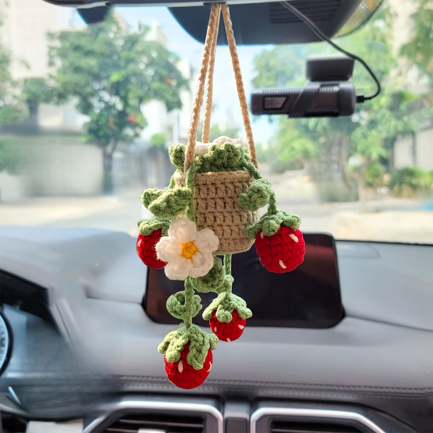 Handmade Strawberry Car Mirror Hanging Decoration - with Red Berries, Green Leaves - No-Drill Installation, Adjustable Rope -