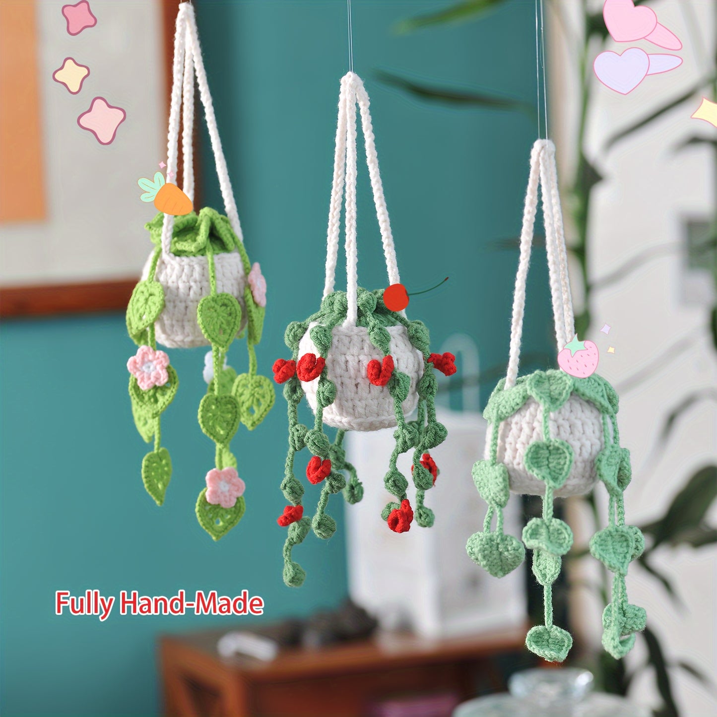 3pcs Set Handmade Woven Plant Hanging Decorations Plant Hanging Decorations Car Hanging Or Rearview Mirror Decoration Exquisite Creative Decoration