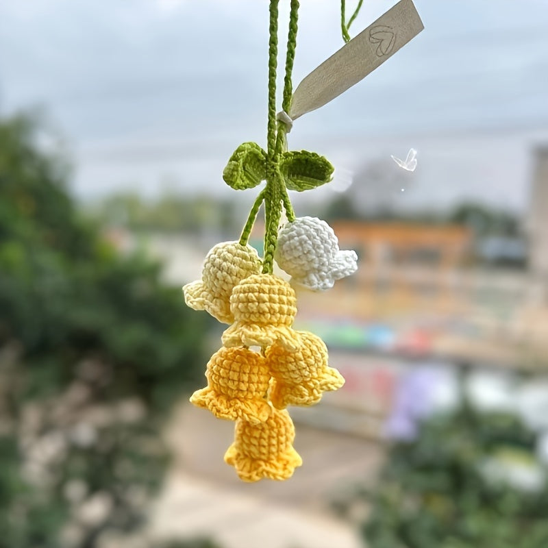 Hand-Knit Bellflower Car Rearview Mirror Hanging Ornament â€?Cute Crochet DIY Decor, Colorful Floral Design with Green Leaves and Yellow Centers, Ideal for Vehicle Interior & Home Decoration, Charming Gift Idea