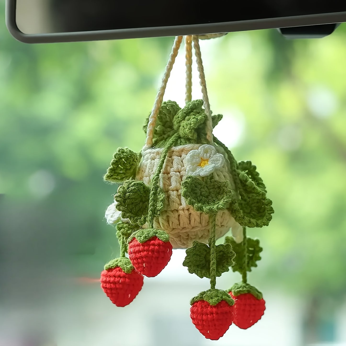 Handmade Strawberry Car Mirror Hanging Decoration - with Red Berries, Green Leaves - No-Drill Installation, Adjustable Rope -