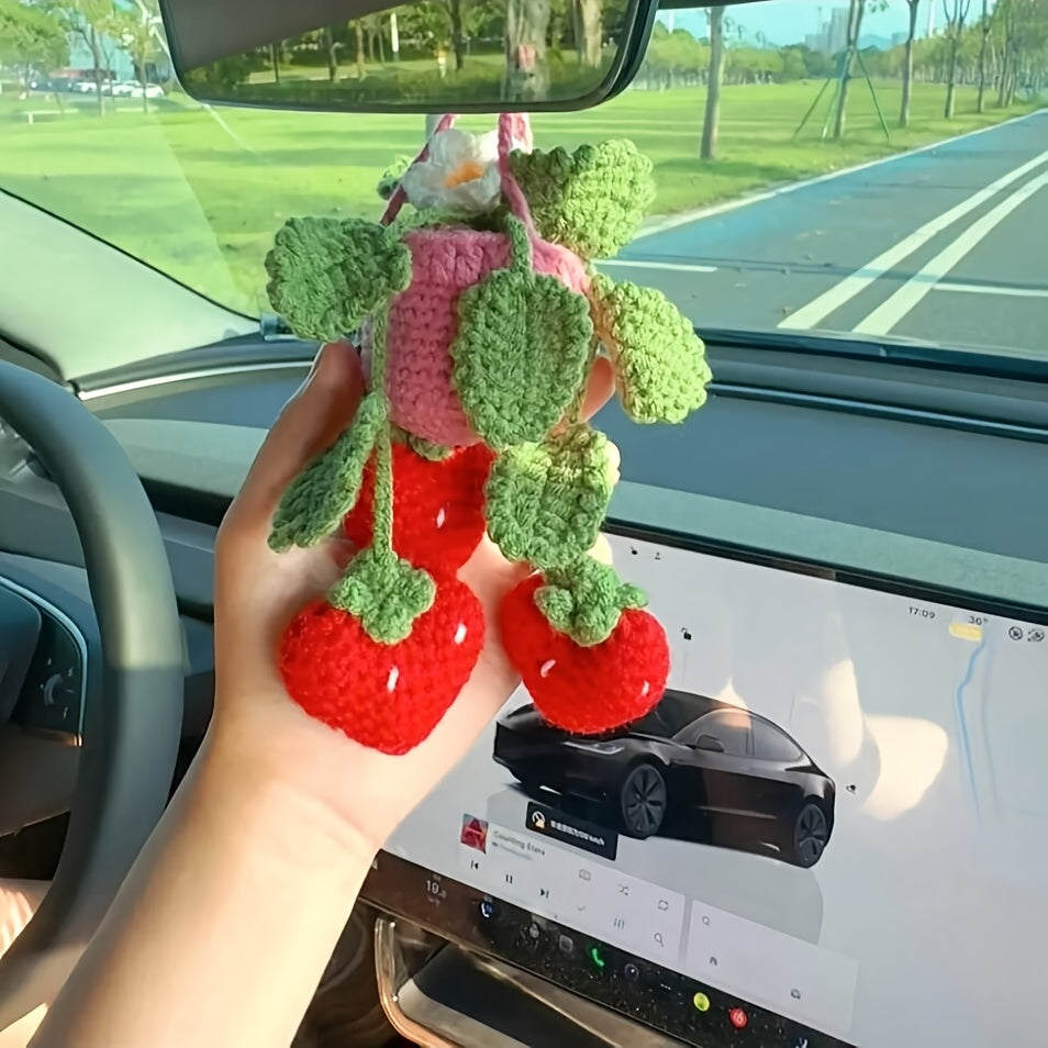 Handmade Strawberry Car Mirror Hanging Decoration - with Red Berries, Green Leaves - No-Drill Installation, Adjustable Rope -