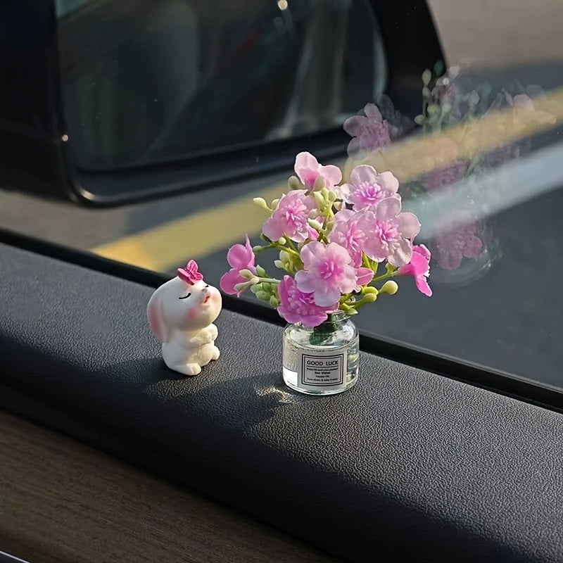 Cute Resin Rabbit Vase - Adorable White Rabbit with Pink Flowers, Durable Vehicle Interior Decor for Dashboard & Console, Desk Ornament, Rabbit Accessories