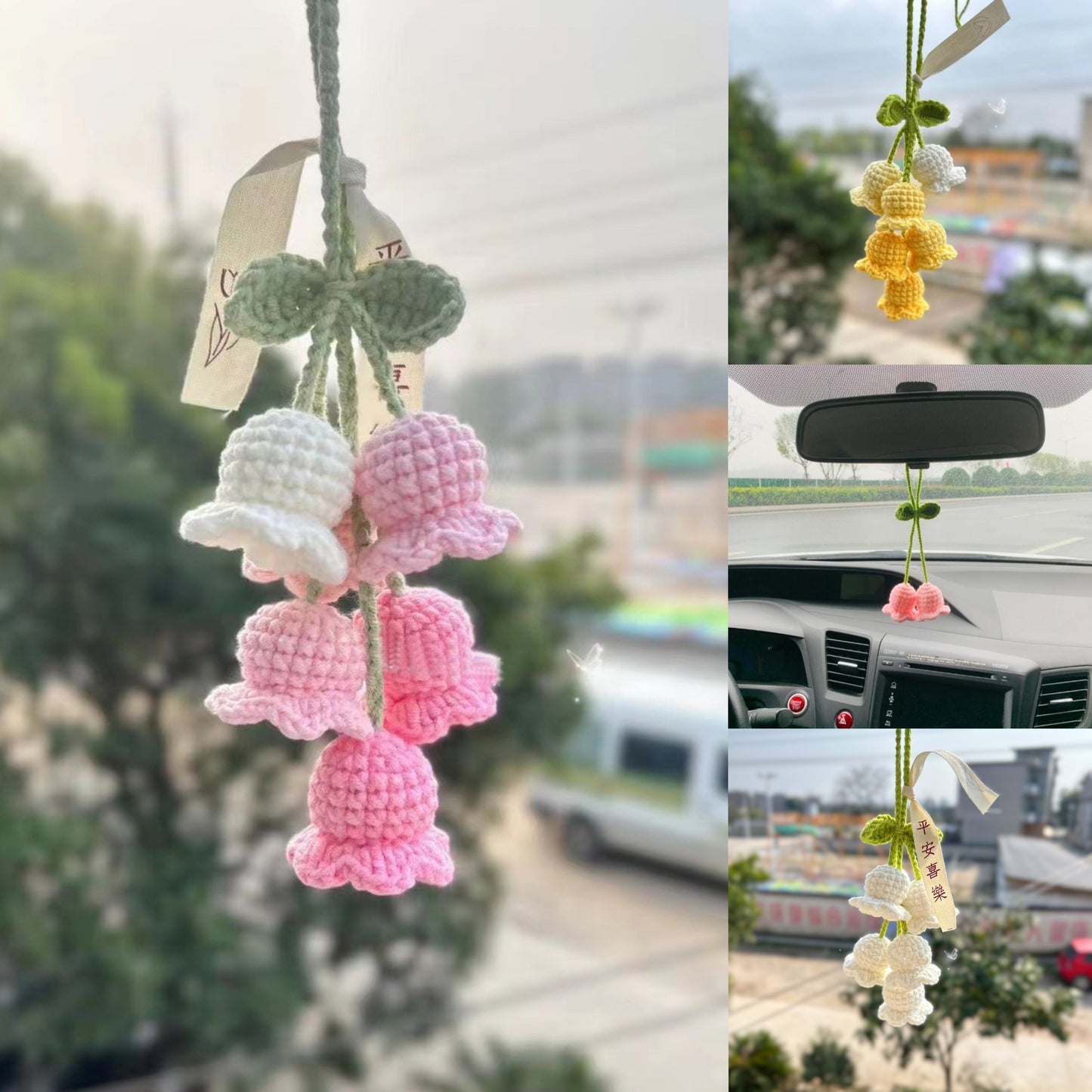 Hand-Knit Bellflower Car Rearview Mirror Hanging Ornament â€?Cute Crochet DIY Decor, Colorful Floral Design with Green Leaves and Yellow Centers, Ideal for Vehicle Interior & Home Decoration, Charming Gift Idea