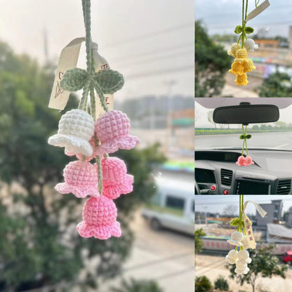 Hand-Knit Bellflower Car Rearview Mirror Hanging Ornament â€?Cute Crochet DIY Decor, Colorful Floral Design with Green Leaves and Yellow Centers, Ideal for Vehicle Interior & Home Decoration, Charming Gift Idea