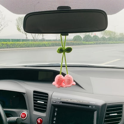 Hand-Knit Bellflower Car Rearview Mirror Hanging Ornament â€?Cute Crochet DIY Decor, Colorful Floral Design with Green Leaves and Yellow Centers, Ideal for Vehicle Interior & Home Decoration, Charming Gift Idea