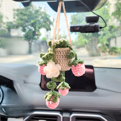 Handmade Strawberry Car Mirror Hanging Decoration - with Red Berries, Green Leaves - No-Drill Installation, Adjustable Rope -