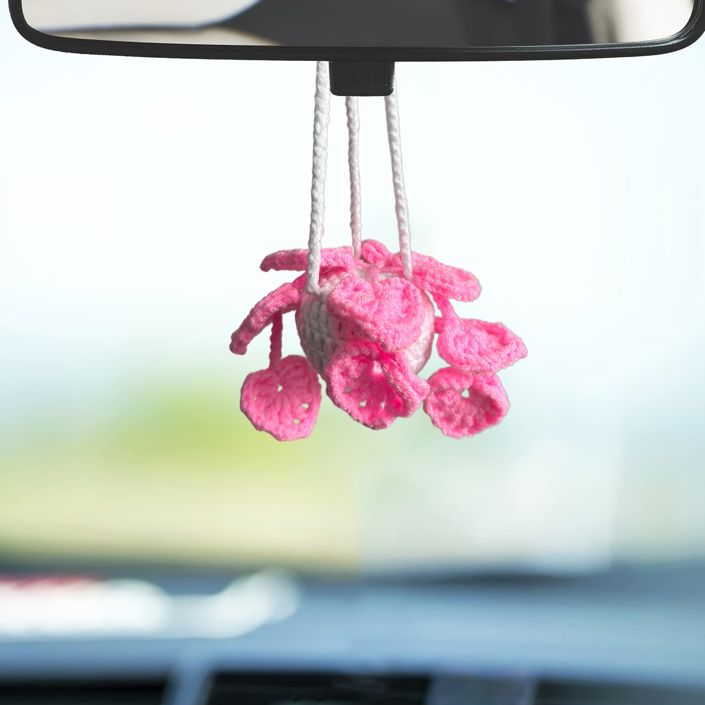 Handmade Strawberry Car Mirror Hanging Decoration - with Red Berries, Green Leaves - No-Drill Installation, Adjustable Rope -