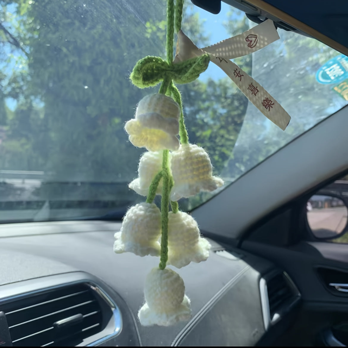 Hand-Knit Bellflower Car Rearview Mirror Hanging Ornament â€?Cute Crochet DIY Decor, Colorful Floral Design with Green Leaves and Yellow Centers, Ideal for Vehicle Interior & Home Decoration, Charming Gift Idea