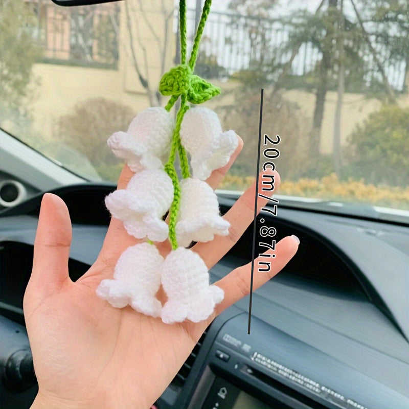 Hand-Knit Bellflower Car Rearview Mirror Hanging Ornament â€?Cute Crochet DIY Decor, Colorful Floral Design with Green Leaves and Yellow Centers, Ideal for Vehicle Interior & Home Decoration, Charming Gift Idea