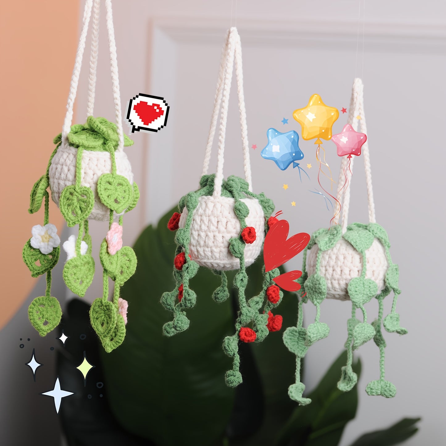 3pcs Set Handmade Woven Plant Hanging Decorations Plant Hanging Decorations Car Hanging Or Rearview Mirror Decoration Exquisite Creative Decoration