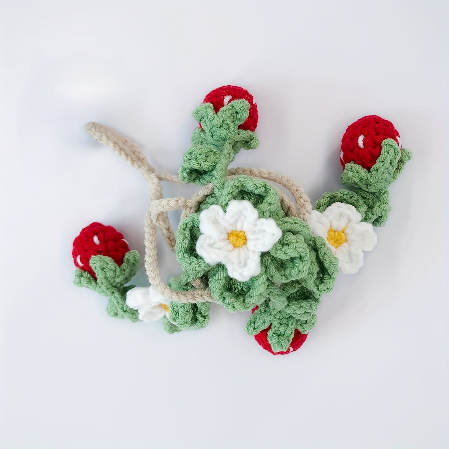 Handmade Strawberry Car Mirror Hanging Decoration - with Red Berries, Green Leaves - No-Drill Installation, Adjustable Rope -