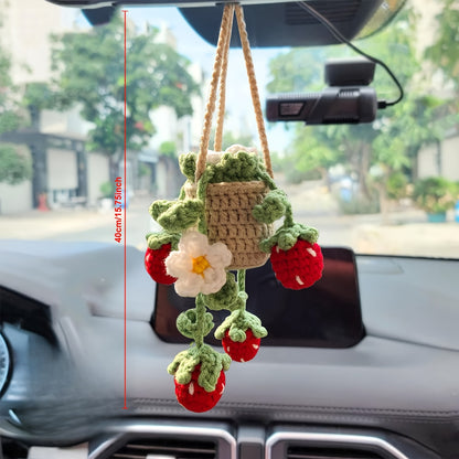 Handmade Strawberry Car Mirror Hanging Decoration - with Red Berries, Green Leaves - No-Drill Installation, Adjustable Rope -