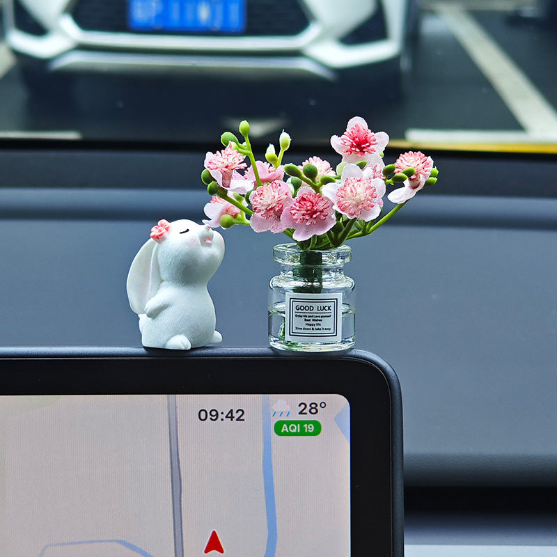 Cute Resin Rabbit Vase - Adorable White Rabbit with Pink Flowers, Durable Vehicle Interior Decor for Dashboard & Console, Desk Ornament, Rabbit Accessories